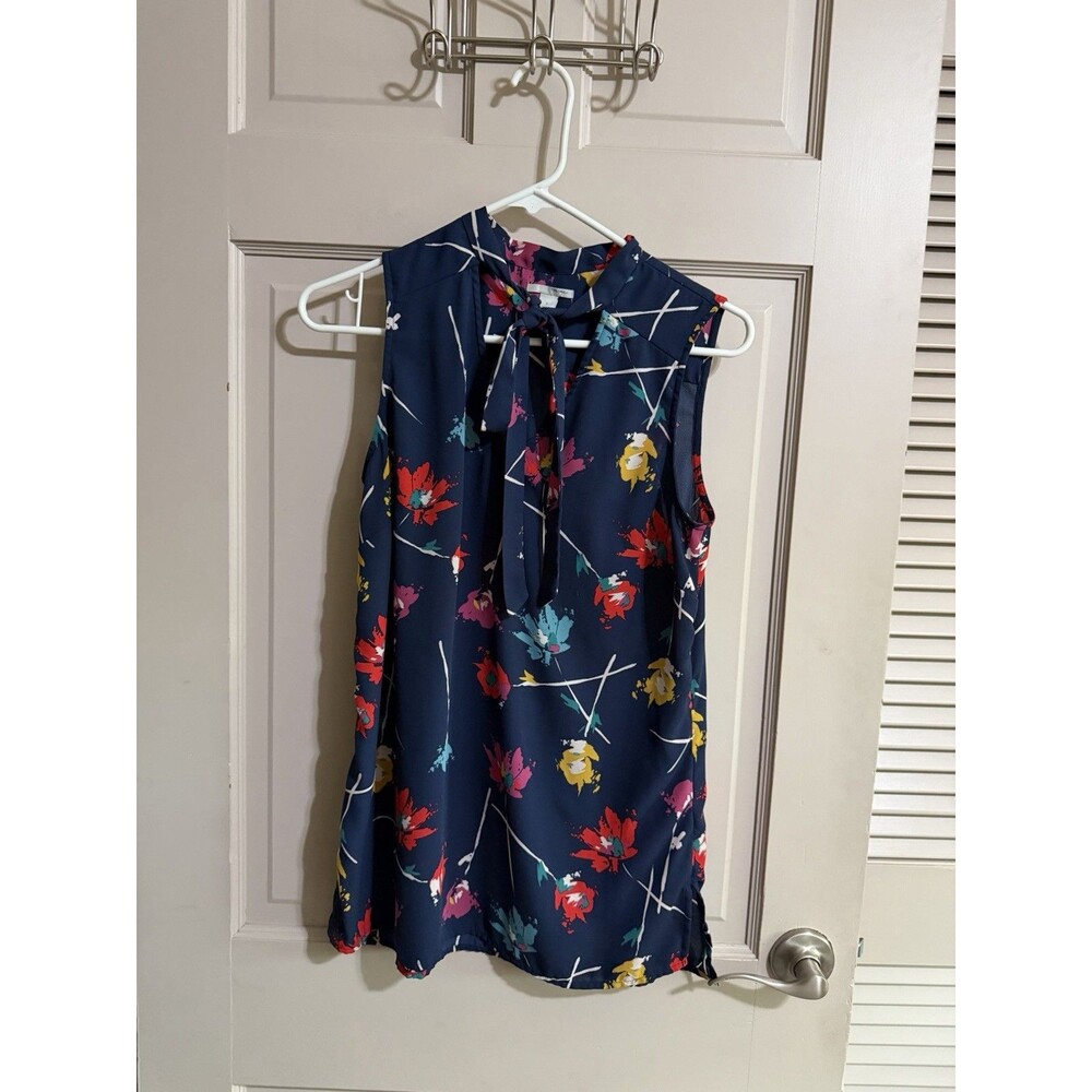 Women’s Halogen Sleeves Blouse Floral Print Size Small Navy Blue